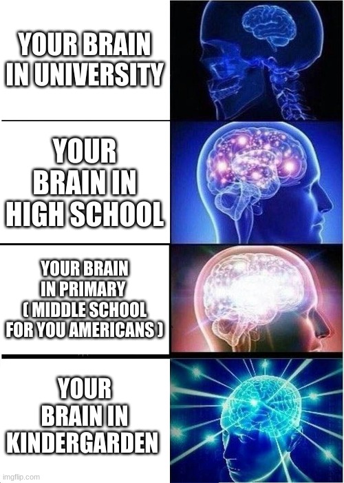 FAX | YOUR BRAIN IN UNIVERSITY; YOUR BRAIN IN HIGH SCHOOL; YOUR BRAIN IN PRIMARY 
( MIDDLE SCHOOL FOR YOU AMERICANS ); YOUR BRAIN IN KINDERGARDEN | image tagged in memes,expanding brain | made w/ Imgflip meme maker