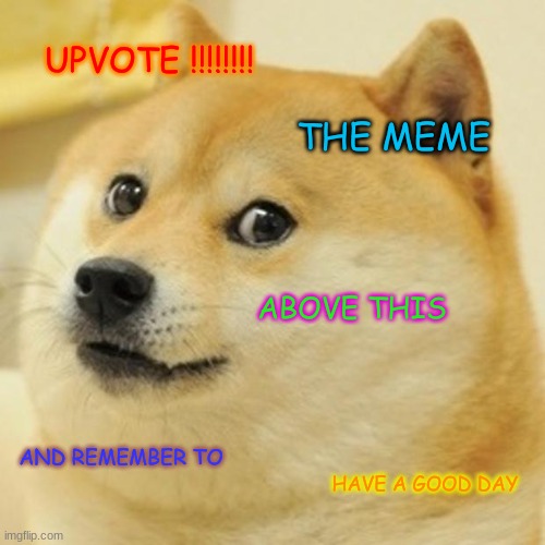PLS | UPVOTE !!!!!!!! THE MEME; ABOVE THIS; AND REMEMBER TO; HAVE A GOOD DAY | image tagged in memes,doge | made w/ Imgflip meme maker