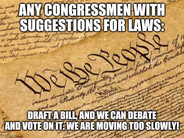 Hello! | ANY CONGRESSMEN WITH SUGGESTIONS FOR LAWS:; DRAFT A BILL, AND WE CAN DEBATE AND VOTE ON IT. WE ARE MOVING TOO SLOWLY! | image tagged in constitution | made w/ Imgflip meme maker