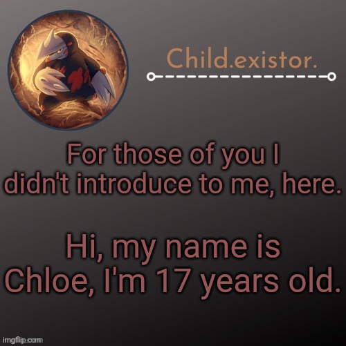 Child.existor announcement | For those of you I didn't introduce to me, here. Hi, my name is Chloe, I'm 17 years old. | image tagged in child existor announcement | made w/ Imgflip meme maker