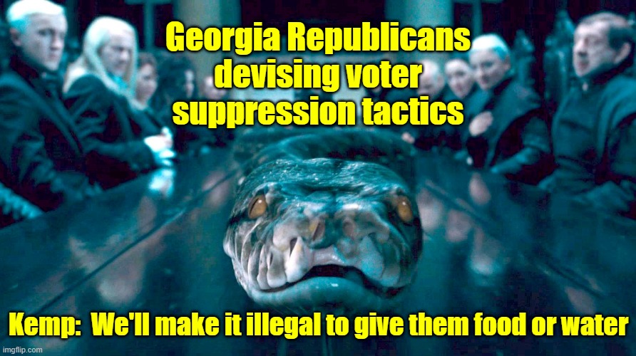If You Can't Win -- Cheat | Georgia Republicans devising voter suppression tactics; Kemp:  We'll make it illegal to give them food or water | image tagged in voter suppression,voting,vote,brian kemp,kemp,georgia | made w/ Imgflip meme maker