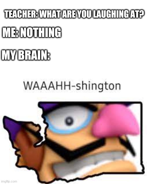 LOL | TEACHER: WHAT ARE YOU LAUGHING AT? ME: NOTHING; MY BRAIN: | image tagged in blank white template | made w/ Imgflip meme maker