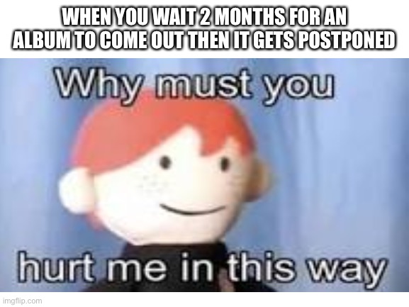 Why must you hurt me in this way | WHEN YOU WAIT 2 MONTHS FOR AN ALBUM TO COME OUT THEN IT GETS POSTPONED | image tagged in why must you hurt me in this way,relatable,memes,funny,music,true story | made w/ Imgflip meme maker