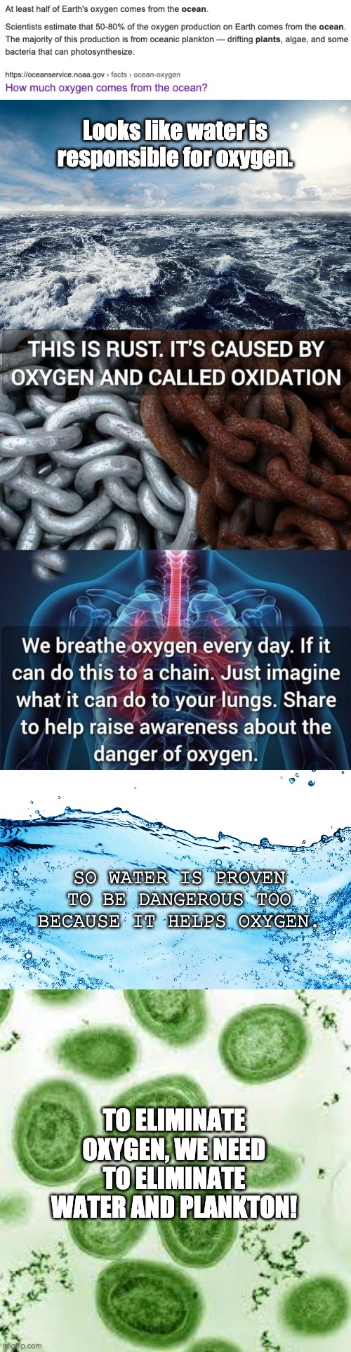 water is responsible for oxygen |  Looks like water is responsible for oxygen. SO WATER IS PROVEN TO BE DANGEROUS TOO BECAUSE IT HELPS OXYGEN. TO ELIMINATE OXYGEN, WE NEED TO ELIMINATE WATER AND PLANKTON! | image tagged in memes,oxygen,ocean,plankton,water | made w/ Imgflip meme maker