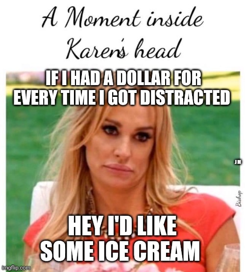 IF I HAD A DOLLAR FOR EVERY TIME I GOT DISTRACTED; J M; HEY I'D LIKE SOME ICE CREAM | image tagged in karen carpenter and smudge cat | made w/ Imgflip meme maker