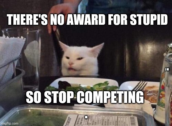 Salad cat | THERE'S NO AWARD FOR STUPID; J M; SO STOP COMPETING 
. | image tagged in salad cat | made w/ Imgflip meme maker