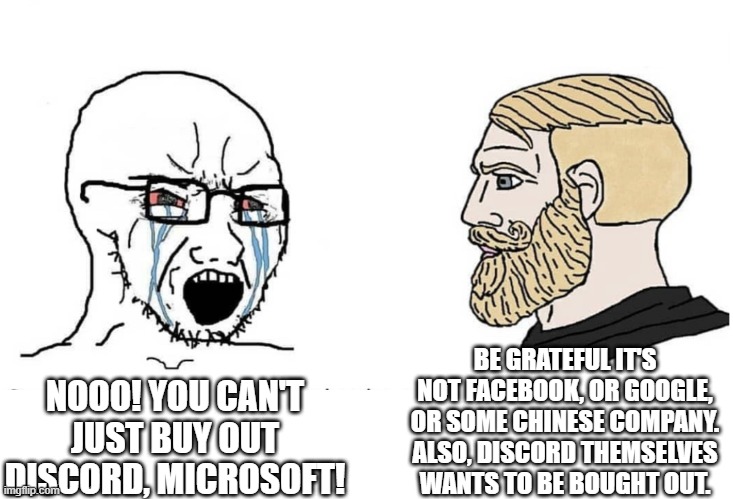 Soyboy Vs Yes Chad | BE GRATEFUL IT'S NOT FACEBOOK, OR GOOGLE, OR SOME CHINESE COMPANY. ALSO, DISCORD THEMSELVES WANTS TO BE BOUGHT OUT. NOOO! YOU CAN'T JUST BUY OUT DISCORD, MICROSOFT! | image tagged in soyboy vs yes chad | made w/ Imgflip meme maker