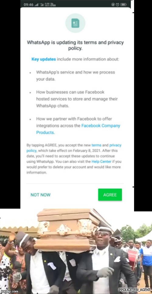 AAAAAAAAND WhatsApp is dead... | PPOLICE_FBI_AGENT | image tagged in blank template,coffin dance | made w/ Imgflip meme maker