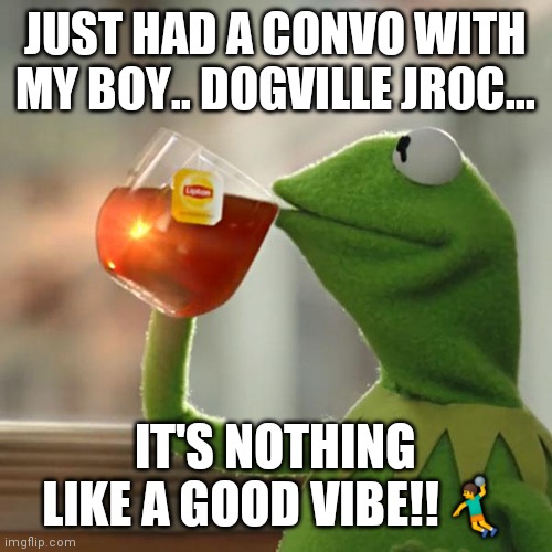Dogville Jroc | JUST HAD A CONVO WITH MY BOY.. DOGVILLE JROC... IT'S NOTHING LIKE A GOOD VIBE!!🤾 | image tagged in memes,but that's none of my business,kermit the frog | made w/ Imgflip meme maker
