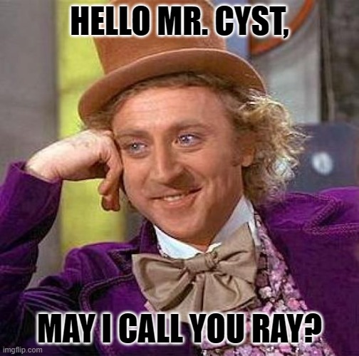 When you meet a Ray Cyst. | HELLO MR. CYST, MAY I CALL YOU RAY? | image tagged in memes,creepy condescending wonka | made w/ Imgflip meme maker