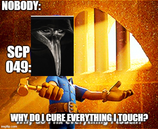 scp 049 | NOBODY:; SCP 049:; WHY DO I CURE EVERYTHING I TOUCH? | image tagged in why do i fix everything i touch,scp meme | made w/ Imgflip meme maker