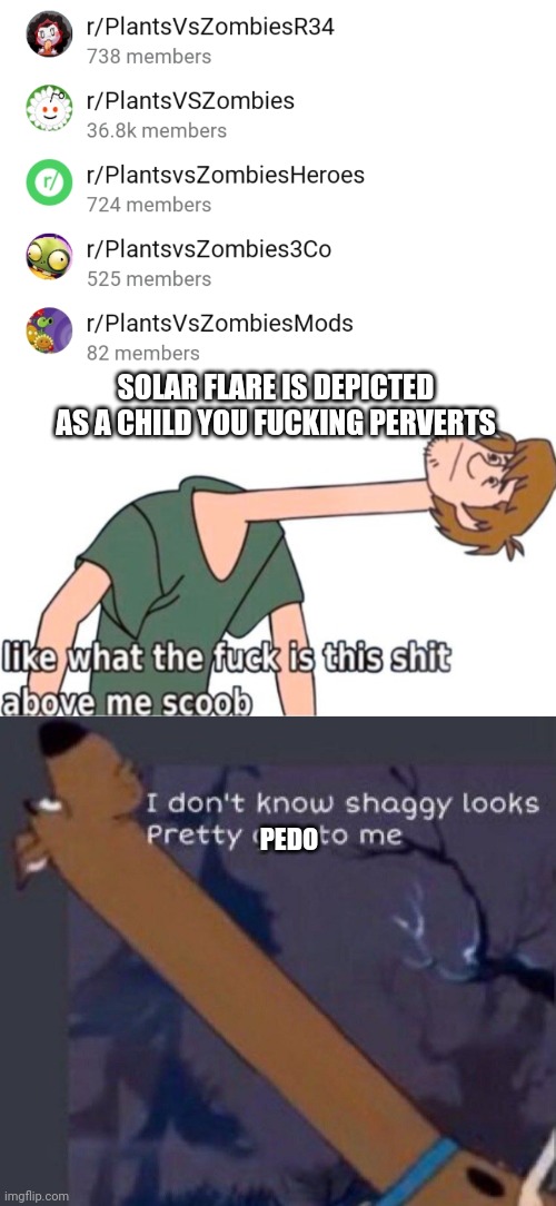 SOLAR FLARE IS DEPICTED AS A CHILD YOU FUCKING PERVERTS; PEDO | image tagged in what is this shit above me scoob,long neck scooby doo | made w/ Imgflip meme maker