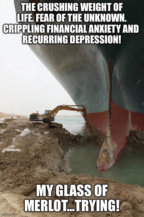 My glass of Merlot trying |  THE CRUSHING WEIGHT OF LIFE. FEAR OF THE UNKNOWN. CRIPPLING FINANCIAL ANXIETY AND 
RECURRING DEPRESSION! MY GLASS OF MERLOT...TRYING! | image tagged in funny,wine,oil tanker,merlot,depression,wine drinker | made w/ Imgflip meme maker