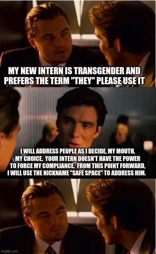 I do not play into your delusions of grandeur | MY NEW INTERN IS TRANSGENDER AND PREFERS THE TERM "THEY" PLEASE USE IT; I WILL ADDRESS PEOPLE AS I DECIDE, MY MOUTH, MY CHOICE.  YOUR INTERN DOESN'T HAVE THE POWER TO FORCE MY COMPLIANCE.  FROM THIS POINT FORWARD, I WILL USE THE NICKNAME "SAFE SPACE" TO ADDRESS HIM. | image tagged in memes,inception,delusions of grandeur,safe space,my mouth my choice,get over it | made w/ Imgflip meme maker