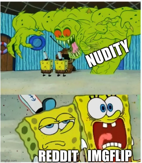 ImgFlip’s view on “NSFW” content in a nutshell | NUDITY; IMGFLIP; REDDIT | image tagged in spongebob squarepants scared but also not scared,nudity,memes,imgflip,maybe don't view nsfw,true story | made w/ Imgflip meme maker