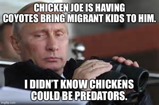 Chicken Joe is a predator | CHICKEN JOE IS HAVING COYOTES BRING MIGRANT KIDS TO HIM. I DIDN’T KNOW CHICKENS COULD BE PREDATORS. | image tagged in putin binoculars,memes,creepy joe biden,predator,chicken,illegal aliens | made w/ Imgflip meme maker