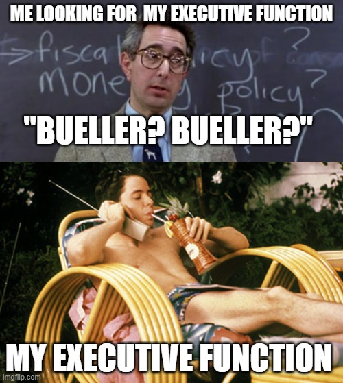 awol  exec function | ME LOOKING FOR  MY EXECUTIVE FUNCTION; "BUELLER? BUELLER?"; MY EXECUTIVE FUNCTION | image tagged in bueller anyone,ferris bueller relaxing | made w/ Imgflip meme maker