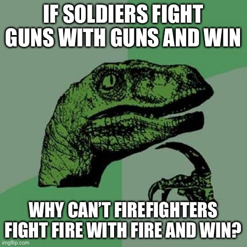 Fight fire with fire | IF SOLDIERS FIGHT GUNS WITH GUNS AND WIN; WHY CAN’T FIREFIGHTERS FIGHT FIRE WITH FIRE AND WIN? | image tagged in memes,philosoraptor,fire,hmmm,when you realize | made w/ Imgflip meme maker