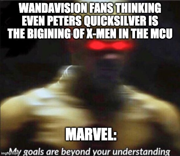 WANDAVISON spoilers | WANDAVISION FANS THINKING EVEN PETERS QUICKSILVER IS THE BIGINING OF X-MEN IN THE MCU; MARVEL: | image tagged in my goals are beyond your understanding | made w/ Imgflip meme maker