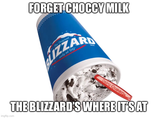 Blizzard | FORGET CHOCCY MILK; THE BLIZZARD’S WHERE IT’S AT | image tagged in blizzard | made w/ Imgflip meme maker