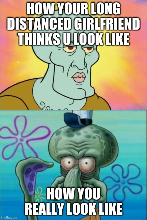 Squidward Meme | HOW YOUR LONG DISTANCED GIRLFRIEND THINKS U LOOK LIKE; HOW YOU REALLY LOOK LIKE | image tagged in memes,squidward | made w/ Imgflip meme maker