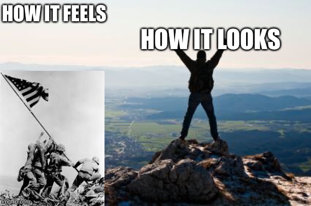 Shout It from the Mountain Tops | HOW IT LOOKS; HOW IT FEELS | image tagged in shout it from the mountain tops | made w/ Imgflip meme maker