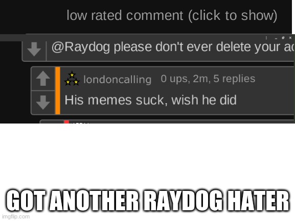 Blank White Template | GOT ANOTHER RAYDOG HATER | image tagged in blank white template | made w/ Imgflip meme maker