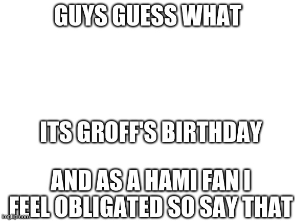 WOOOO | GUYS GUESS WHAT; ITS GROFF'S BIRTHDAY; AND AS A HAMI FAN I FEEL OBLIGATED SO SAY THAT | image tagged in blank white template | made w/ Imgflip meme maker