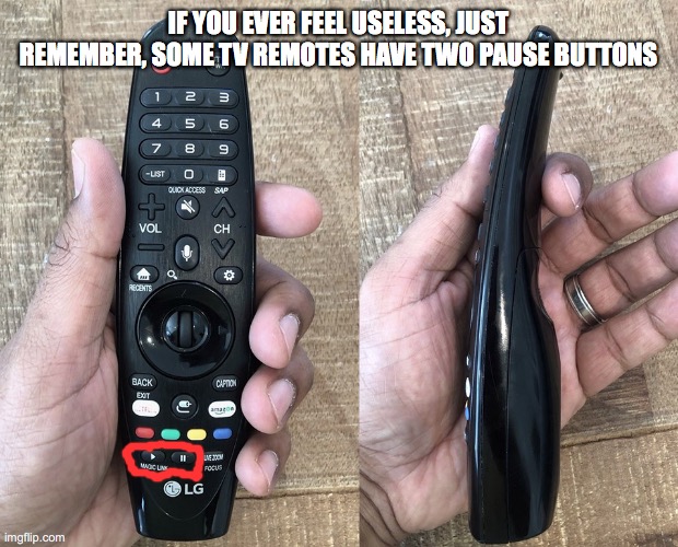 This is just one of those useless inventions | IF YOU EVER FEEL USELESS, JUST REMEMBER, SOME TV REMOTES HAVE TWO PAUSE BUTTONS | image tagged in remote control | made w/ Imgflip meme maker