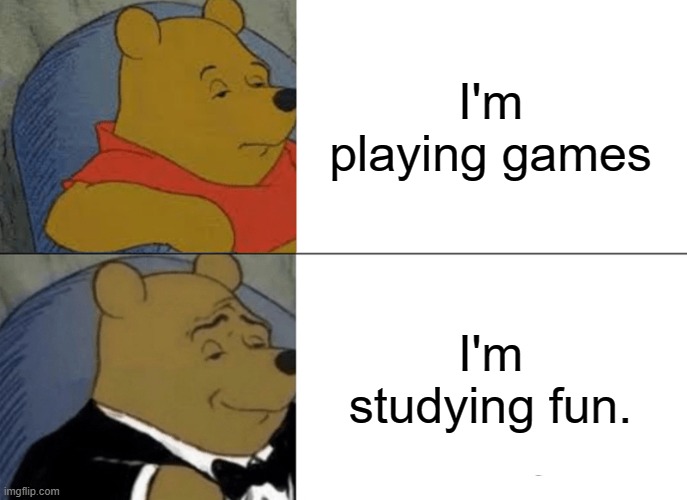 True | I'm playing games; I'm studying fun. | image tagged in memes,tuxedo winnie the pooh | made w/ Imgflip meme maker