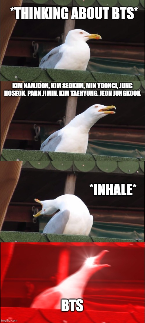 just BTS | *THINKING ABOUT BTS*; KIM NAMJOON, KIM SEOKJIN, MIN YOONGI, JUNG HOSEOK, PARK JIMIN, KIM TAEHYUNG, JEON JUNGKOOK; *INHALE*; BTS | image tagged in memes,inhaling seagull | made w/ Imgflip meme maker