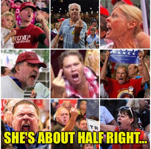 Triggered Trump supporters | SHE'S ABOUT HALF RIGHT... | image tagged in triggered trump supporters | made w/ Imgflip meme maker