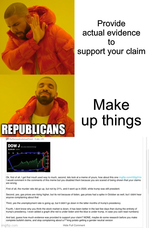 I had to write this entire thing to prove this person wrong |  Provide actual evidence to support your claim; Make up things; REPUBLICANS | image tagged in memes,drake hotline bling | made w/ Imgflip meme maker