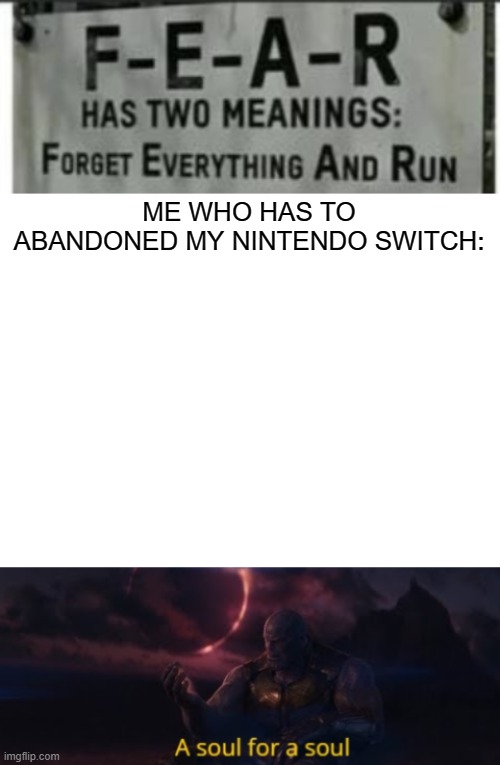 ME WHO HAS TO ABANDONED MY NINTENDO SWITCH: | image tagged in blank white template | made w/ Imgflip meme maker