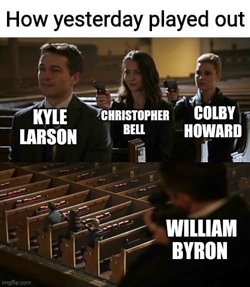 How yesterday played out | How yesterday played out; CHRISTOPHER BELL; COLBY HOWARD; KYLE LARSON; WILLIAM BYRON | image tagged in assassination chain,nascar | made w/ Imgflip meme maker