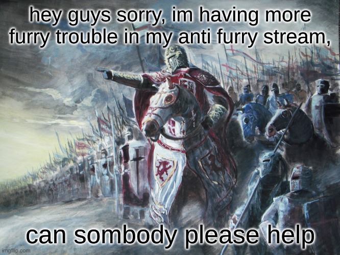 like its getting annoying now | hey guys sorry, im having more furry trouble in my anti furry stream, can sombody please help | image tagged in crusader | made w/ Imgflip meme maker