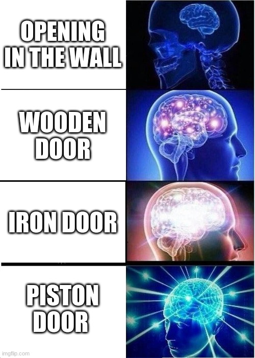 door types | OPENING IN THE WALL; WOODEN DOOR; IRON DOOR; PISTON DOOR | image tagged in memes,expanding brain,minecraft | made w/ Imgflip meme maker