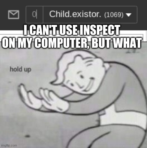 I CAN'T USE INSPECT ON MY COMPUTER, BUT WHAT | image tagged in fallout hold up | made w/ Imgflip meme maker