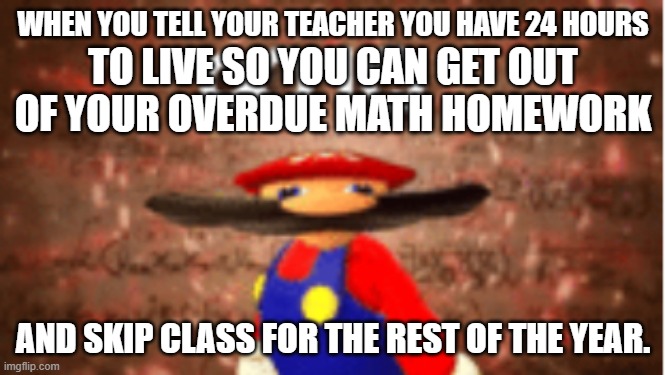 Welp, guess I'm kinda dead. | WHEN YOU TELL YOUR TEACHER YOU HAVE 24 HOURS; TO LIVE SO YOU CAN GET OUT OF YOUR OVERDUE MATH HOMEWORK; AND SKIP CLASS FOR THE REST OF THE YEAR. | image tagged in infinite iq,was i a good meme | made w/ Imgflip meme maker