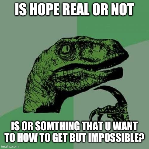 Philosoraptor | IS HOPE REAL OR NOT; IS OR SOMTHING THAT U WANT TO HOW TO GET BUT IMPOSSIBLE? | image tagged in memes,philosoraptor | made w/ Imgflip meme maker