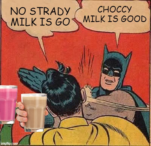 Batman Slapping Robin | CHOCCY MILK IS GOOD; NO STRADY MILK IS GO | image tagged in batman slapping robin | made w/ Imgflip meme maker