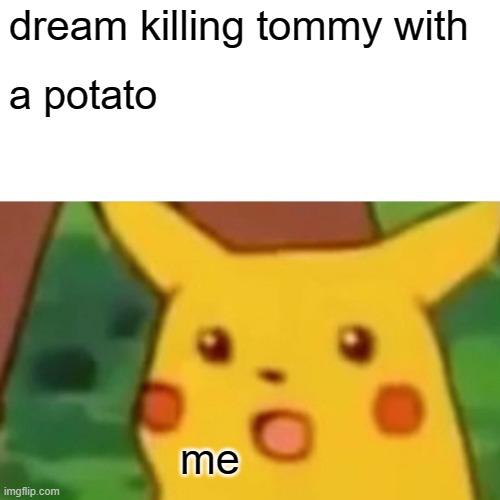 dream killing with a potato | dream killing tommy with; a potato; me | image tagged in memes,surprised pikachu | made w/ Imgflip meme maker