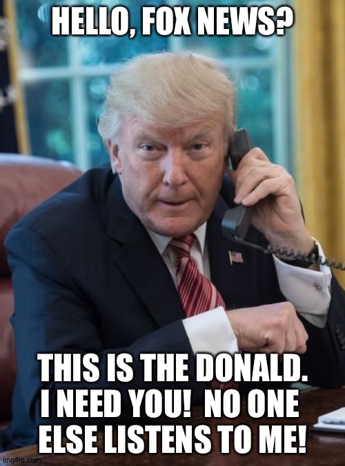 Trump phone | HELLO, FOX NEWS? THIS IS THE DONALD.
I NEED YOU!  NO ONE 
ELSE LISTENS TO ME! | image tagged in trump phone | made w/ Imgflip meme maker