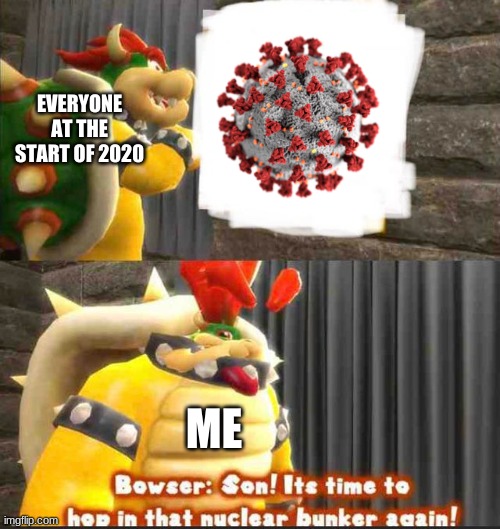 just me who just lived in their basement during the first ten weeks of quarantine | EVERYONE AT THE START OF 2020; ME | image tagged in bowser getting in the bunker | made w/ Imgflip meme maker
