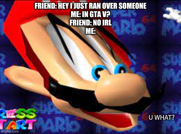 Mario Face U what? | FRIEND: HEY I JUST RAN OVER SOMEONE
ME: IN GTA V?
FRIEND: NO IRL
ME: | image tagged in mario face u what | made w/ Imgflip meme maker