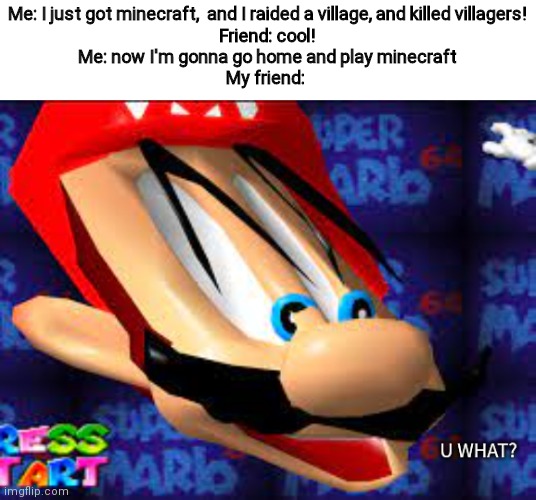 Mario Face U what? | Me: I just got minecraft,  and I raided a village, and killed villagers!
Friend: cool!
Me: now I'm gonna go home and play minecraft
My friend: | image tagged in mario face u what | made w/ Imgflip meme maker