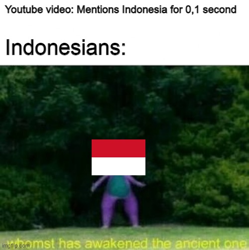 Indonesians love their country | Youtube video: Mentions Indonesia for 0,1 second; Indonesians: | image tagged in whomst has awakened the ancient one,indonesia,funny cat memes | made w/ Imgflip meme maker