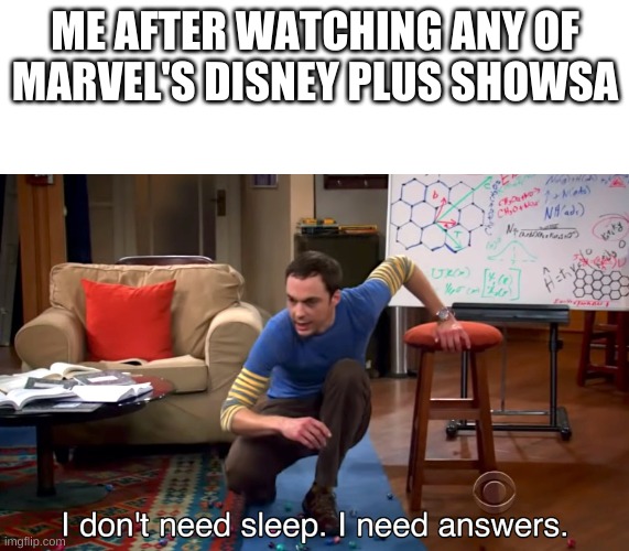 I Don't Need Sleep. I Need Answers | ME AFTER WATCHING ANY OF MARVEL'S DISNEY PLUS SHOWSA | image tagged in i don't need sleep i need answers | made w/ Imgflip meme maker