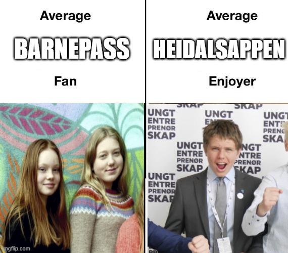 Average Fan vs. Average Enjoyer | HEIDALSAPPEN; BARNEPASS | image tagged in average fan vs average enjoyer | made w/ Imgflip meme maker