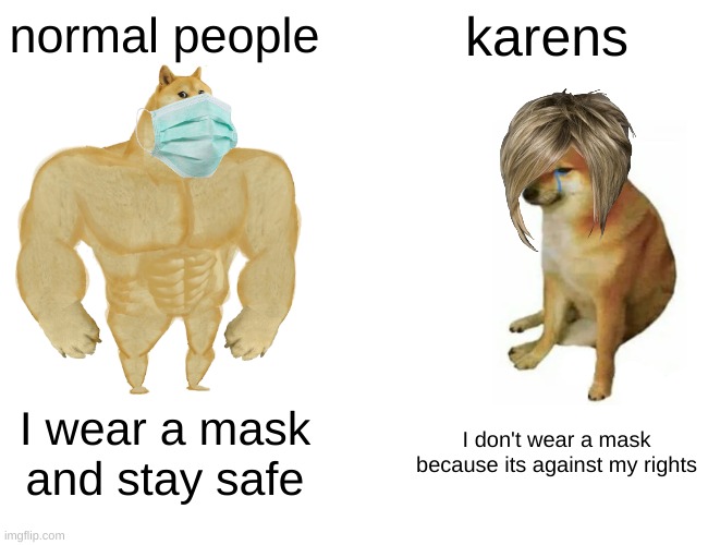 Buff Doge vs. Cheems |  karens; normal people; I wear a mask and stay safe; I don't wear a mask because its against my rights | image tagged in memes,buff doge vs cheems | made w/ Imgflip meme maker